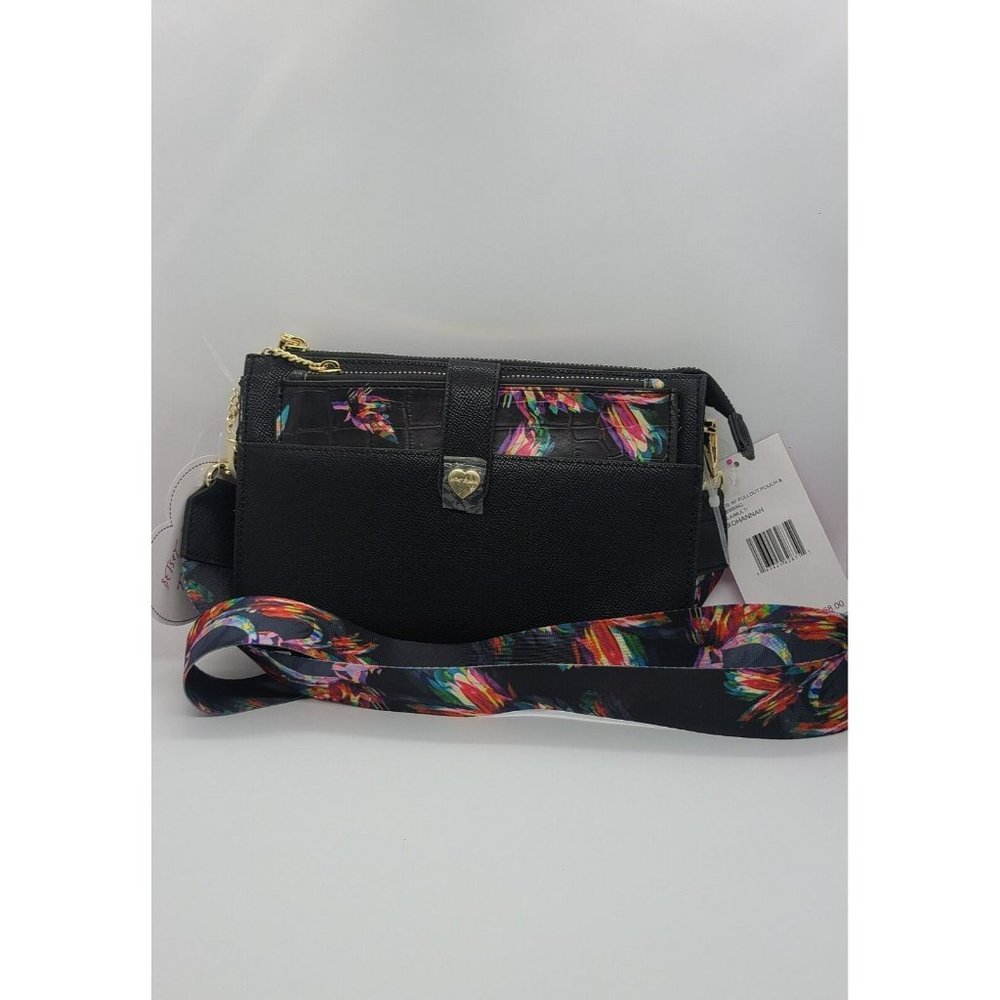 Betsey Johnson Black Birds Of Paradise Crossbody Purse With Pullout Pouch NEW